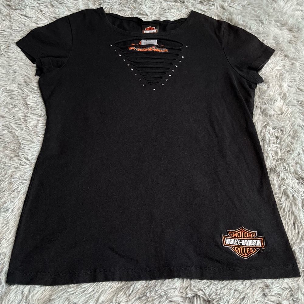 Harley Davidson Tshirt Womens Large Black Studs Shredded Arkansas Motorcycle